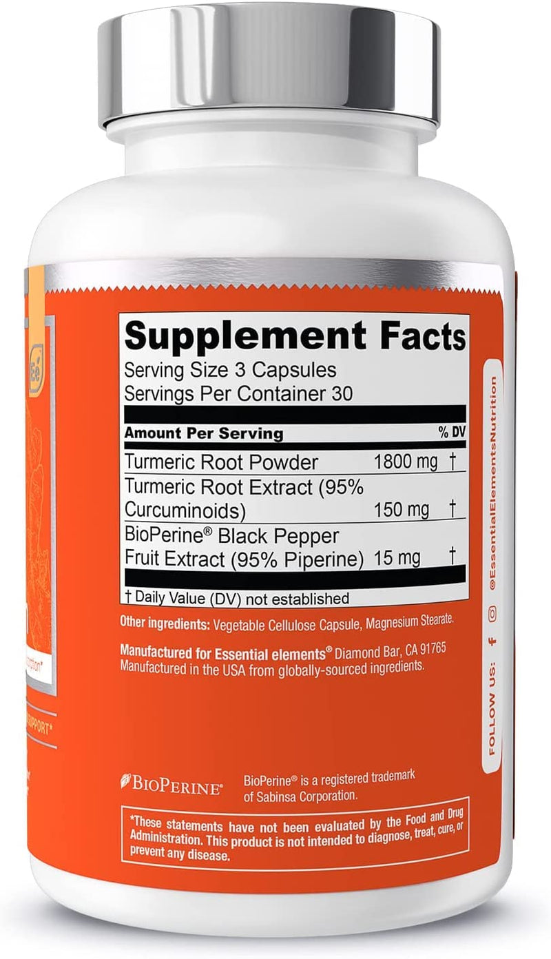 [Australia] - Essential Elements Turmeric Curcumin - Joint, Heart & Brain Support - with Bioperine for Increased Absorption 1950 mg - 90 Capsules 90 Count (Pack of 1) 