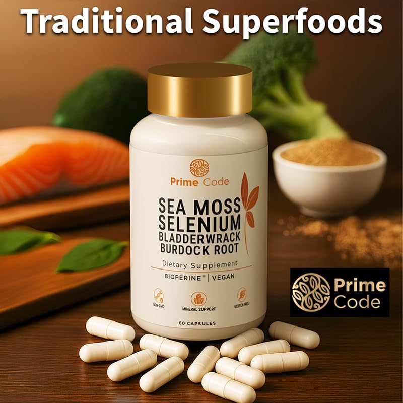 Prime Code Sea Moss Capsules with Selenium – 3-in-1 Blend with Bladderwrack & Burdock Root – Supports Immune Health & Daily Wellness – Vegan – 60 Capsules