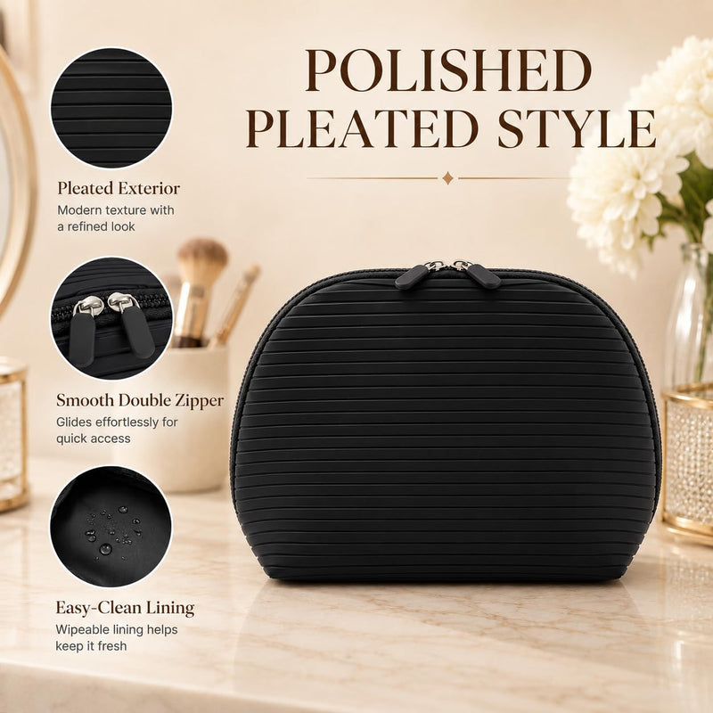 Standing Fold Down Parallel Travel Makeup Bag for Women, Cosmetic Organizer with Multi-Compartments, Stand Bag Organizes skincare, Makeup and Brushes (Premium Version, Black, Medium)