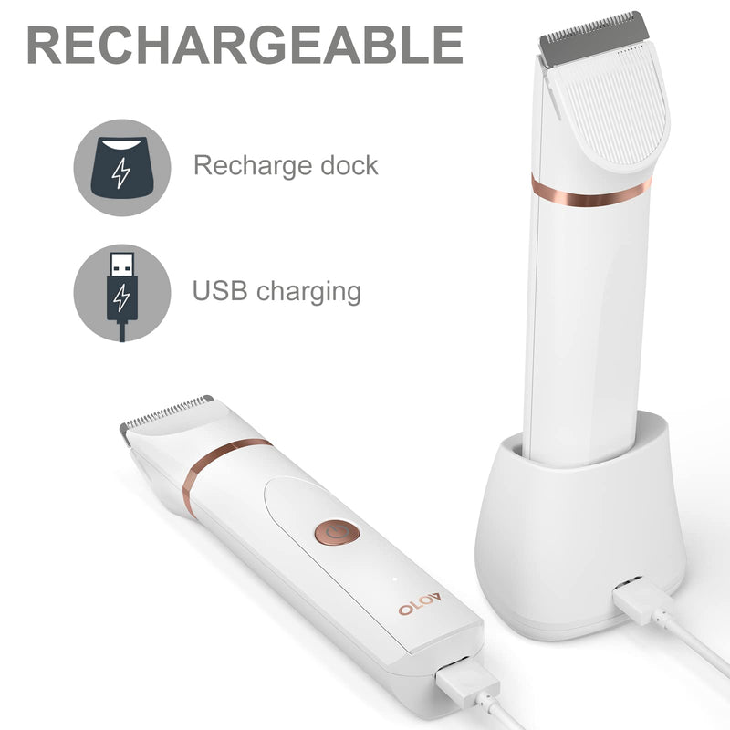 [Australia] - OLOV Electric Body Hair Trimmer - Groin Trimmer for Men - Bikini Trimmer Women - Wet/Dry Shaver Groomer, Replaceable Ceramic Blade Heads, USB Recharge Dock, Waterproof Hygiene Razor, White Rose Gold ＆ White 