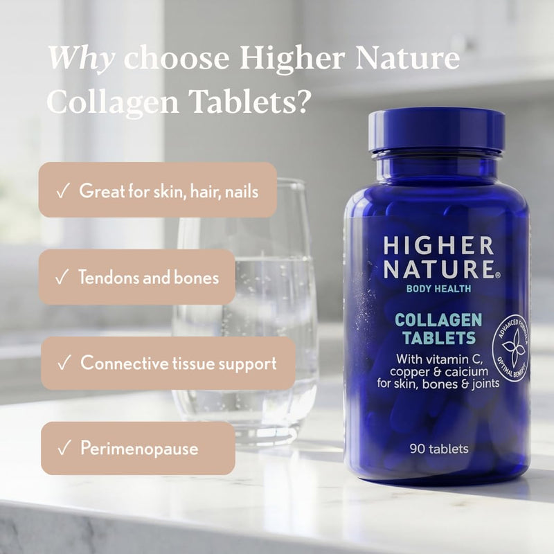 Higher Nature - Collagen Tablets - Hydrolysed Marine Collagen - Vitamin C - Calcium for Bone Support - Responsibly Sourced - 90 Tablets 90 count (Pack of 1)