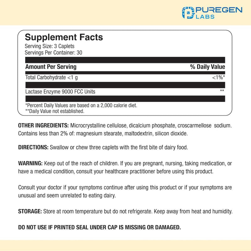 [Australia] - Puregen Labs Dairy Relief Natural Fast Acting Lactase Enzyme 3000 FCC, Lactose Intolerance Pills 90 Caplets 1 