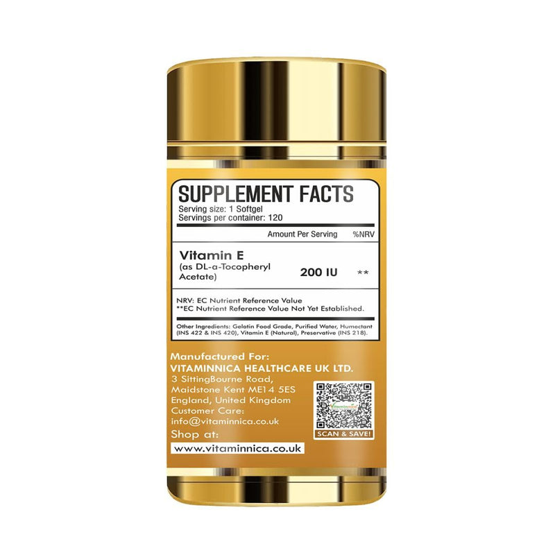 Vitaminnica Vitamin E- 120 Softgels 200 IU – Antioxidant Support for Skin, Hair, Immunity & Cellular Protection