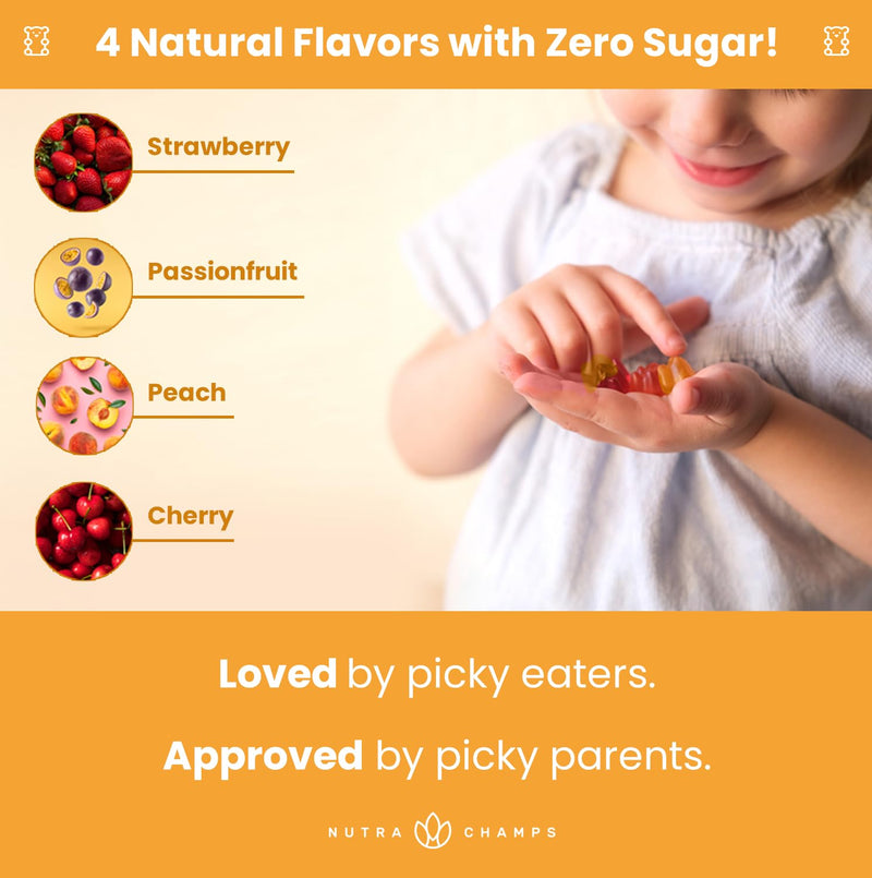 NutraChamps Kids Multivitamin Gummies | Sugar Free 120 Gummy Vitamins for Kids | Vegan & Non-GMO | Strawberry, Passionfruit, Peach & Cherry 120 Count (Pack of 1)