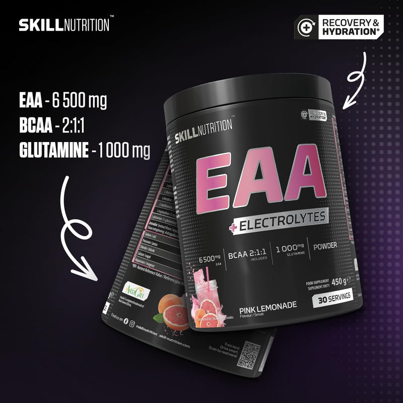 Skill Nutrition EAA + Electrolytes - Pink Lemonade Flavour | 6.5 g EAA per Serving | BCAA 2:1:1, 1000 mg L-Glutamine, Electrolytes & AstraGin® | Powder Supplement | 450 g