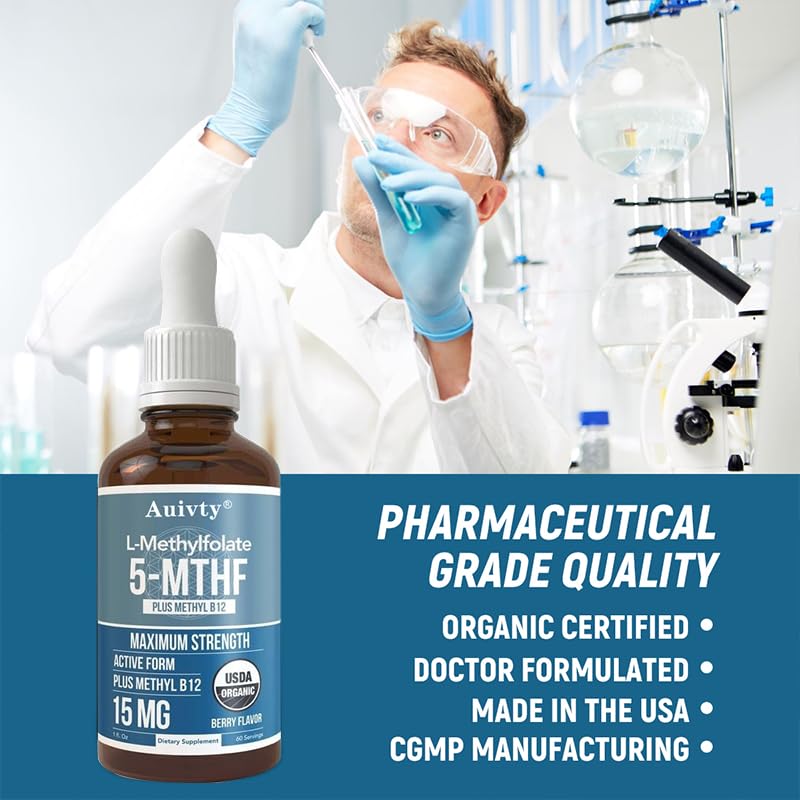 Organic Methyl Folate 1000 mcg + Methyl B12 Drops – 5-MTHF & Methylcobalamin Sublingual, 300 Servings, Berry Flavor, Vegan, Non-GMO Liquid Folate & Vitamin B12 Supplement, 1 fl oz