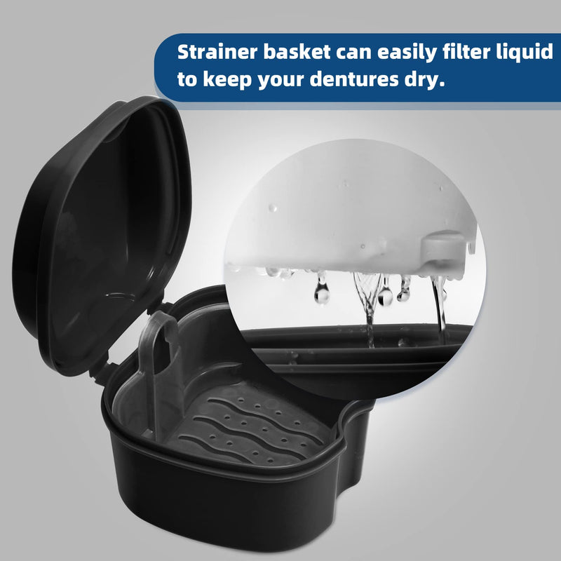 [Australia] - Annhua Denture Cup Retainer Cleaning Case Denture Soaking Container With Strainer Basket, Denture Cups For Soaking Dentures Mouthguard Storage Holder - Leak Proof And Lid Waterproof - Black 