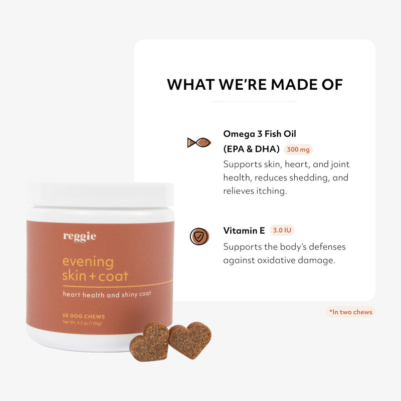 Reggie Evening Skin + Coat Supplements for Dogs | Relieves Itchy/Dry/Flaky Skin & Shedding | Made in The USA, Vet-Approved & Ideal for All Ages, Breeds, and Sizes - 60 Soft Chews - PawsPlanet Australia