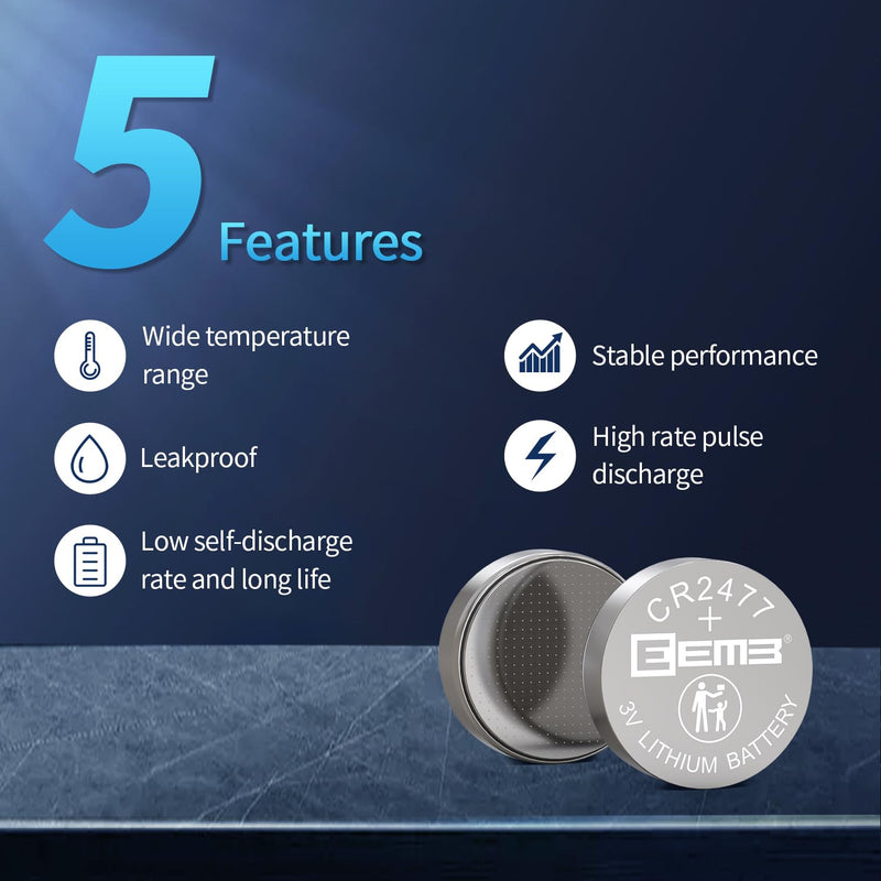 [Australia] - EEMB 5 Pack CR2477 Battery 3V Lithium Battery Button Coin Cell Batteries 2477 Battery DL2477, ECR2477 for Electronic Candle, Light, Remote Control, Key Fob, Alarm, Contact Sensor, Smart Devices… 