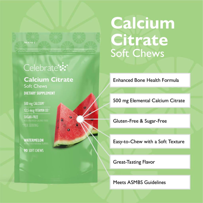 [Australia] - Celebrate Vitamins Bariatric 500mg Calcium Citrate Soft Chews with 500 IU Vitamin D3 ‚Äì Essential for Gastric Bypass Patients & Bone Health - Sugar & Gluten Free, Melon (90 Chews) Watermelon 90 Count 