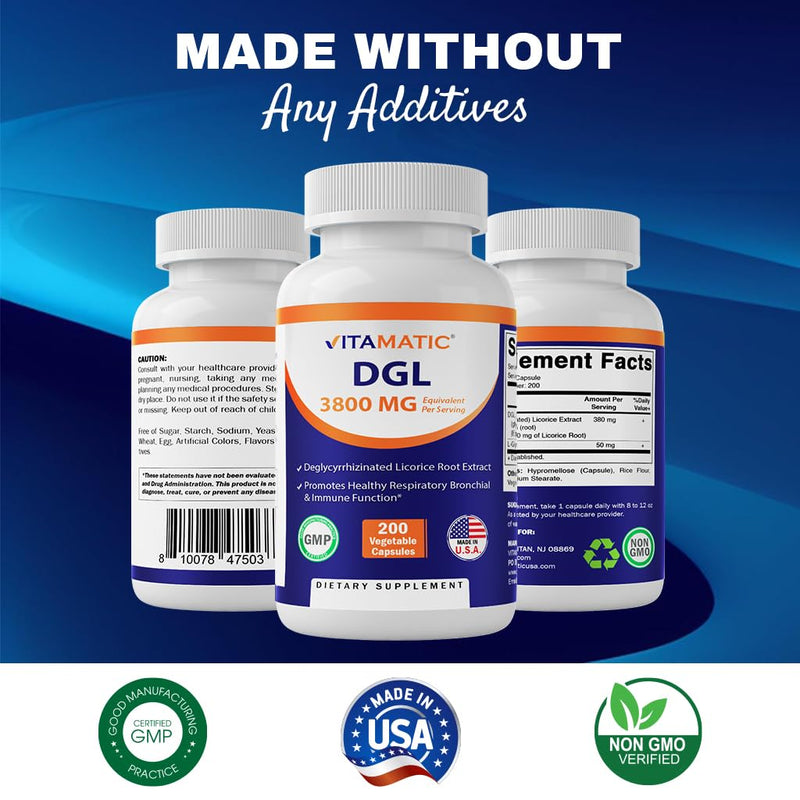 [Australia] - Vitamatic DGL Licorice 10:1 Extract 380 mg (3800mg Equivalent of Licorice Root) - 10X Stronger - Supports Healthy Digestive & Respiratory Functions - 200 Capsules 