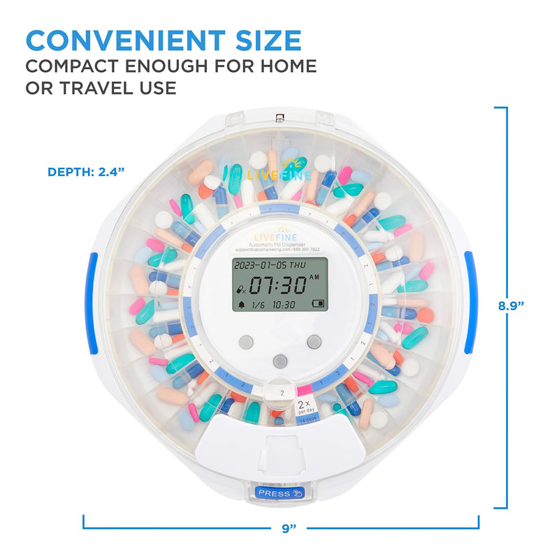 LiveFine Automatic Pill Dispenser with 28-Day Electronic Medication Organizer, 6 Dosage Rings, LCD Display with Sound & Light Alerts, Key & Magnifying Glass for Prescriptions, Vitamins & Supplements Clear Lid