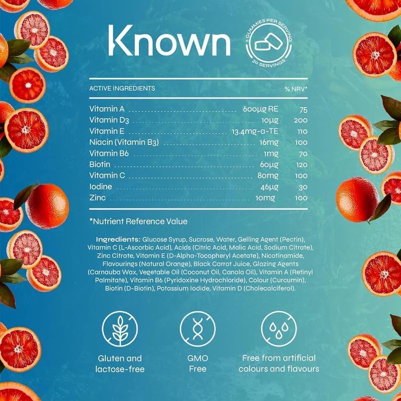 Known Daily Multivitamin Gummies – Blood Orange Flavour – Vegan Gummy Supplement – Vitamin A, C, D, E, B6, Biotin, Zinc, Iodine – Immune Health, Energy, Wellbeing – 1 Month Supply – for Men & Women