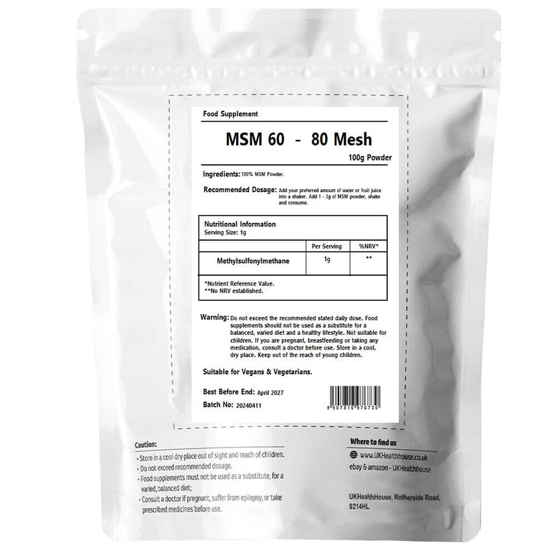 UKHealthHouse 100% Pure MSM Powder 100g – Vegan Methylsulfonylmethane Supplement – Joint, Muscle & Collagen Support – Food Grade Sulphur for Detox & Inflammation Relief