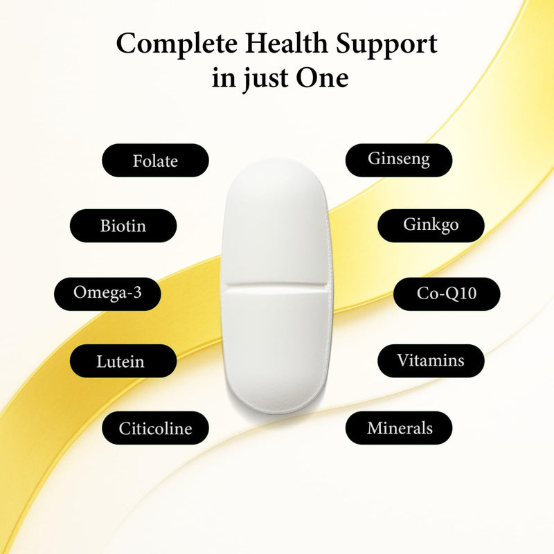Multivitamin Tablets for Women & Men - Cardio & Brain Support with CoQ10, Omega-3, B-Complex, Ginseng & Ginkgo - Advanced Multivitamin & Minerals - 60 Tablets