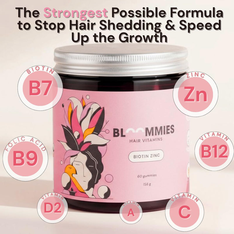 Biotin Gummies 5000 mcg for Hair Growth – Hair Skin Nails Vitamins with Zinc, Vitamin B6, B12, A, D2 & Folic Acid – Tasty Beauty Gummy Bears 60 Count (2 Month Supply) by Bloommies