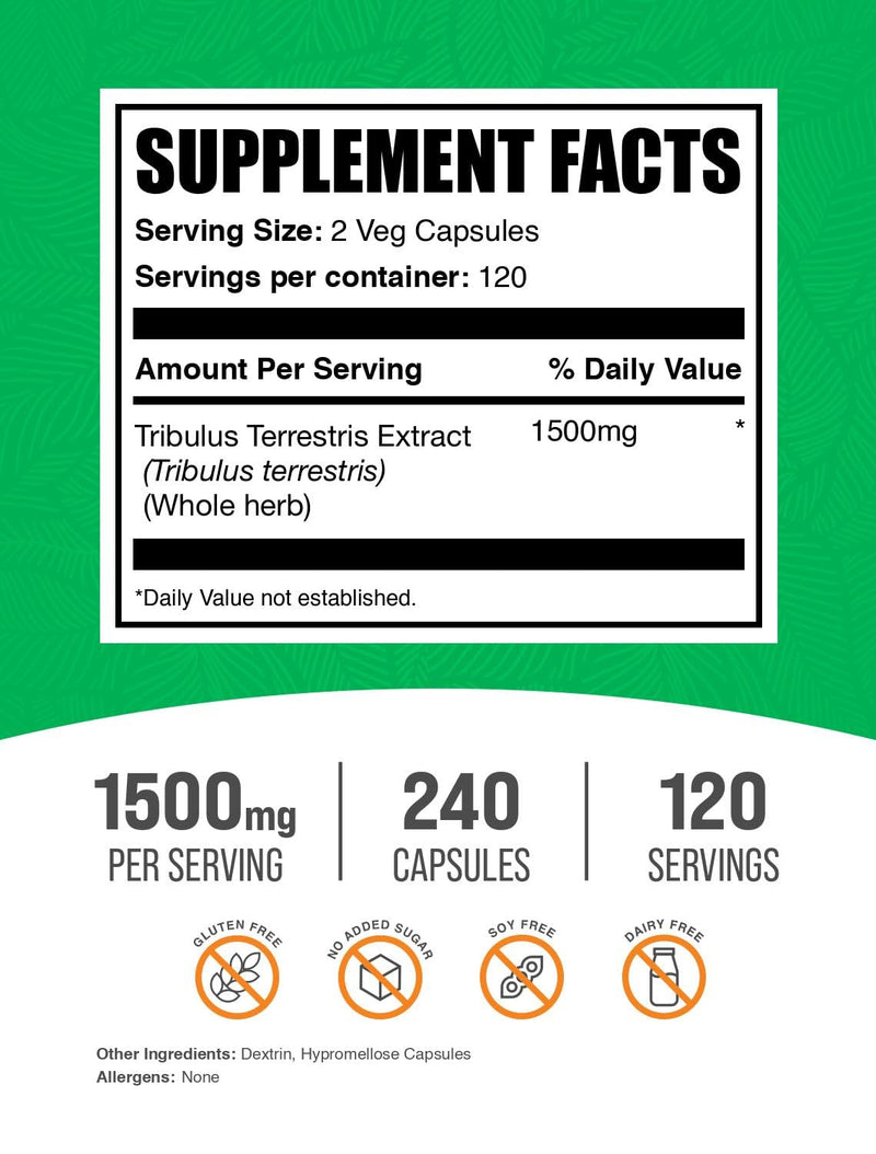 [Australia] - BulkSupplements.com Tribulus Terrestris Capsules - Herbal Supplement, Tribulus Terrestris 1500mg - Gluten Free, 2 Capsules per Serving, 240 Count (Pack of 1) 