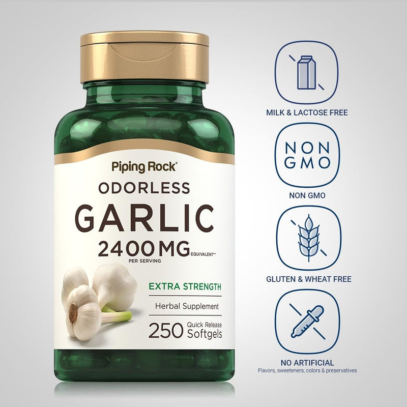 [Australia] - Piping Rock Odorless Garlic Softgel Capsules | 2400mg | 250 Pills | High Potency Extract | Herbal Supplement | Non-GMO, Gluten Free 