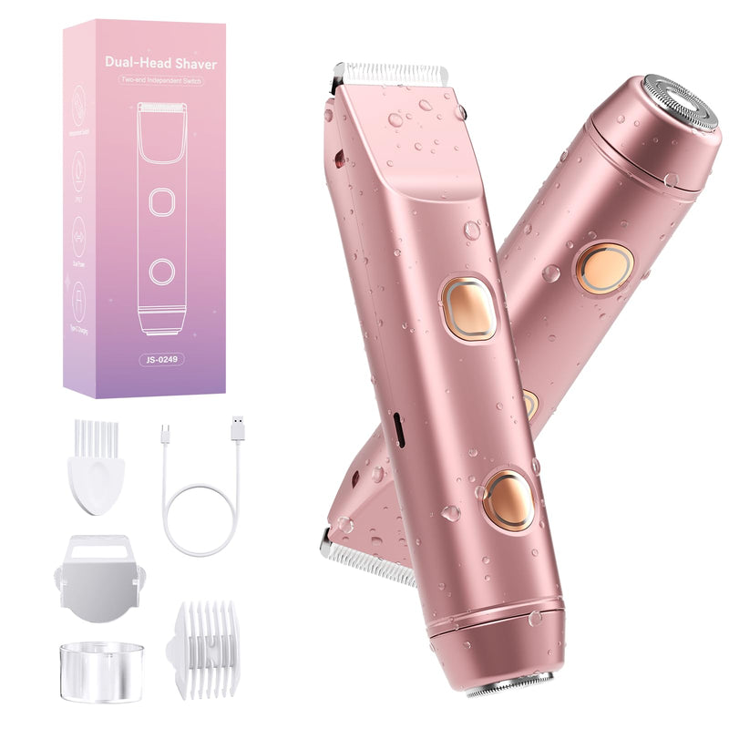 2 in 1 Bikini Trimmer for Women: Electric Razor & Shaver [IPX7 Waterproof] with Dual Heads for Body Pubic Hair - Rechargeable Lady Facial Trimmer for Underarm Leg Arm Face Rose Gold