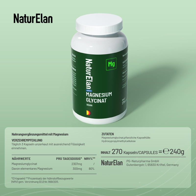 Magnesium Glycinate High Dose Capsules - 270 Vegan Capsules, 770mg mag glycinate per Capsule, Including 100mg Elemental Magnesium, Produced in Germany