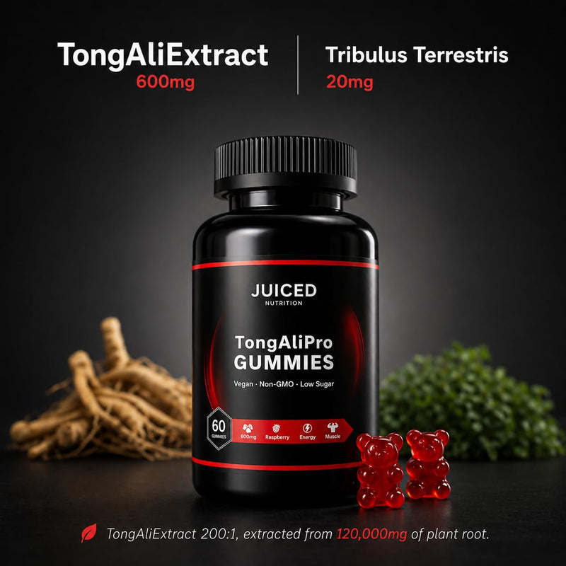 TongAliGummies - 60 Gummies Raspberry Flavour - with Added Tribulus Terrestris - 200:1 TongAliRoot High Strength Plant Extract - Gummies for Energy and Vitality