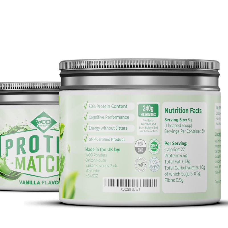 Protein Matcha Powder Vanilla | Ceremonial Grade Organic Japanese Matcha with Grass-fed Bovine Collagen & Functional Mushroom Extracts | 240g Tub with Scoop | High Protein - Made by WOD Powders
