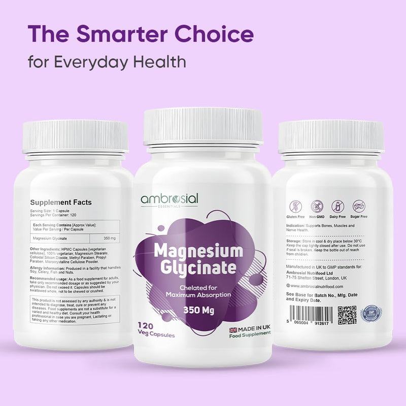 Ambrosial Chelated Magnesium Glycinate - 350 mg of Elemental Magnesium – High Strength Mag.Supplement for Women & Men, Gentle on Stomach, Vegan, GMP Certified, 120 Capsules (4 Months Supply)
