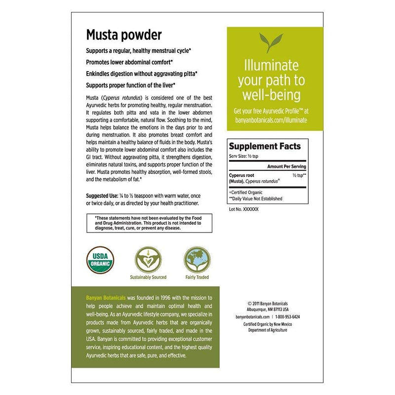 [Australia] - Banyan Botanicals Musta Powder - Certified Organic, 1/2 Pound - Cyperus rotundus - Supports regular, comfortable menstruation and promotes healthy digestion* 8 Ounce (Pack of 1) 