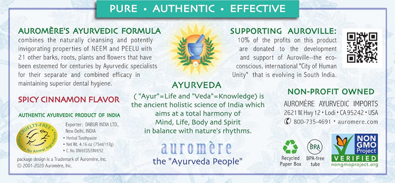 [Australia] - Auromere Ayurvedic Herbal Toothpaste, Cinnamon - Vegan, Natural, Non GMO, Fluoride Free, Gluten Free, with Neem & Peelu (3.57 oz), 2 Pack 
