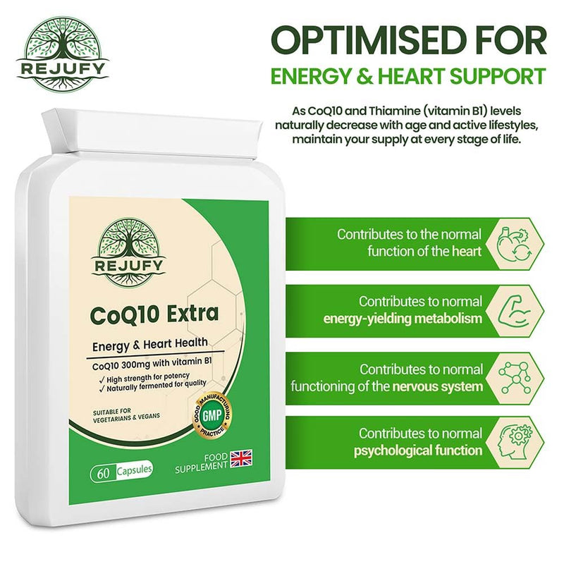 CoQ10 Extra, CoQ10 Supplement 300mg & Vitamin B1, 60 Capsule, Energy Heart Health | Co Q10 Supplements Co Q 10 Supplement Co Enzyme CQ10 High Strength CQ10 Supplement Q10 Coenzyme Q10 High Strength