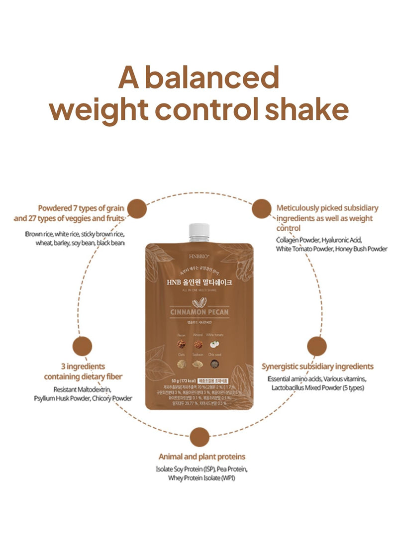 Korean Food All-In-One Multi Shake, Cinnamon Pecan, Fiber, 7 Pack, 350g | Cinnamon pecan-flavored powder blend with dietary fiber in convenient individual packs