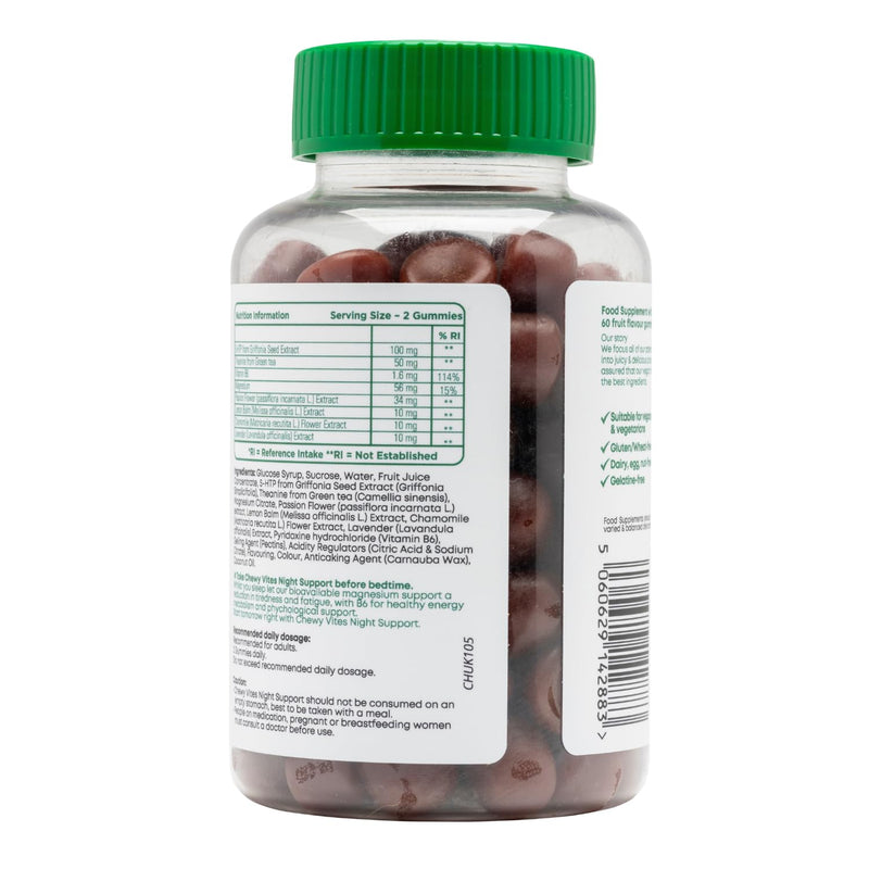 Chewy Vites Adult Night Support, 60 Non-Melatonin Gummies with 5-HTP, Magnesium, Theanine, Chamomile, Lavender, Herbal Night Time Gummies, 1 Months Supply, Berries Flavour