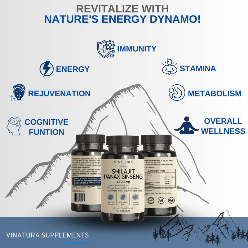 [Australia] - Shilajit Pure Himalayan Capsules (60% Fulvic Acid) - 1500mg with Panax Ginseng, Shilajit Supplement per serving - High in Trace Minerals *USA Made & Tested* Immune Support 