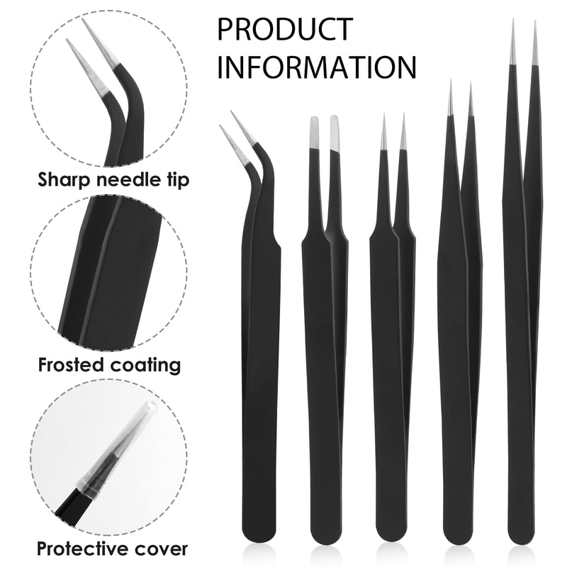 [Australia] - Tweezers Set, 5 Pieces Bead Tweezers 5 Models Stainless Steel Tweezers Anti-Static Precision Tweezers Set for Jewelry Making, DIY Crafts, Electronic Repairs, Manicure Tools (Black) 