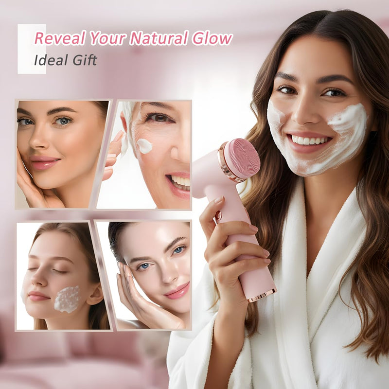 4 in 1 Facial Cleansing Brush, Multi-Function Electrical Face Wash Brush with 5 Speed Adjustable, IPX6 Waterproof Portable Face Scrubber for Deep Cleansing and Exfoliating Pink