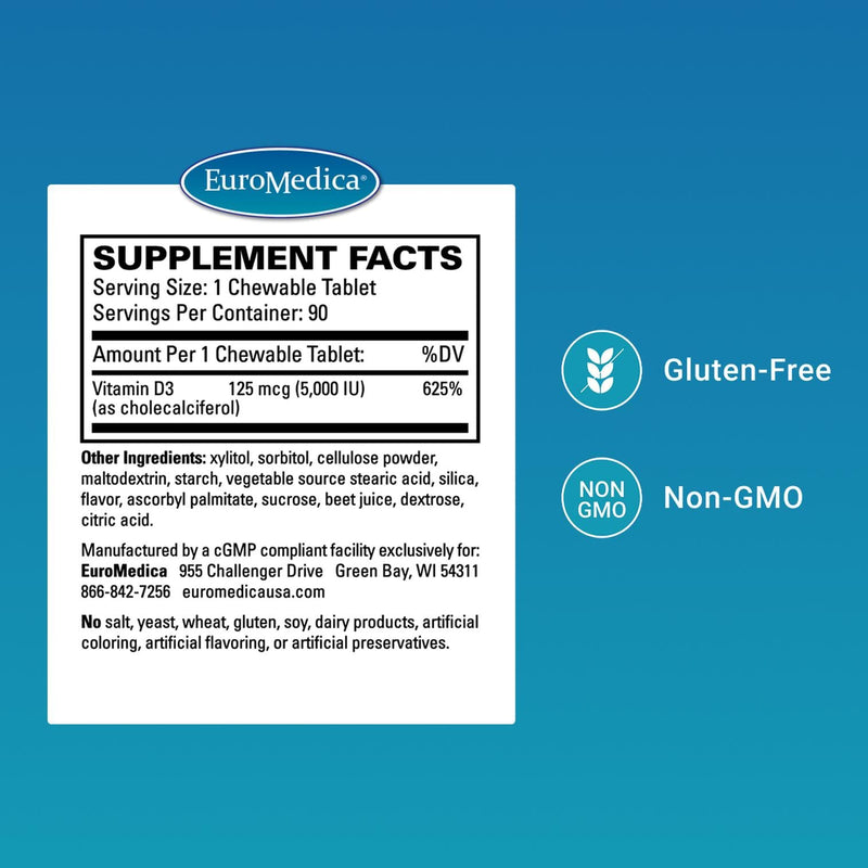 EuroMedica Vitamin D3 5000 IU - Bone Health, Immune Support - 90 Count | Vitamin D. Bone Health, Immune Support and Calcium Absorption Supplement. 90 tablets.