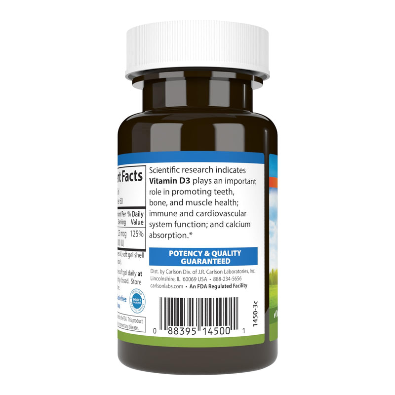 Carlson Vitamin D3, 1000 IU (25 mcg), Bone Health, 60 Softgels | Muscle Health; Cholecalciferol; Vitamin D Supplements; Vitamin D3 Soft Gels 60 Count (Pack of 1)