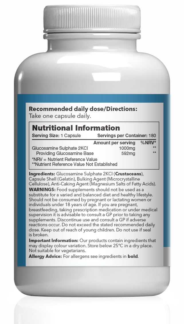 Glucosamine Sulphate 2KCl 1000mg | Designed for Active Lifestyles | 180 Capsules = 6 Months’ Supply | Convenient One-a-Day Formula | GMP-Certified & UK-Made Unflavoured 180 count (Pack of 1)