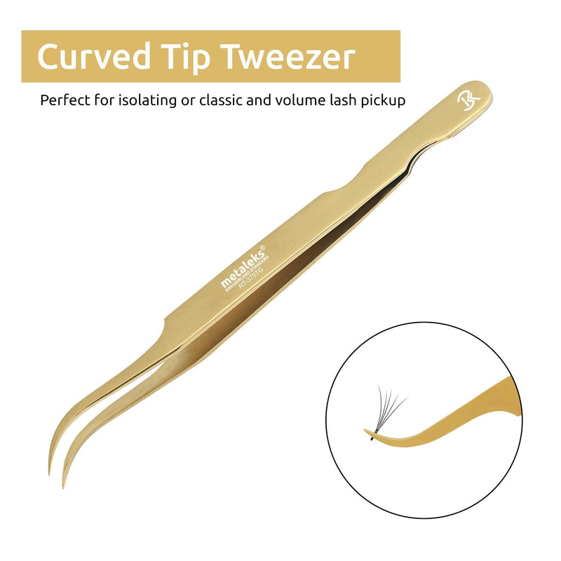 3Pcs Japanese Stainless Steel Tweezers for Eyelash Extension in Golden Titanium Coated with Golden Glitter Magnetic Kit
