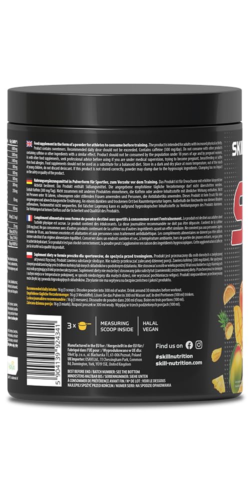 Skill Nutrition Pre-Workout Tropical Punch - No-Crash Formula with Extended-Release Caffeine | Xtenergy®, TheaGreen™, Vitacholine®, Astragin® | Vegan, Halal | B-Vitamins, Citrulline, Beta-Alanine