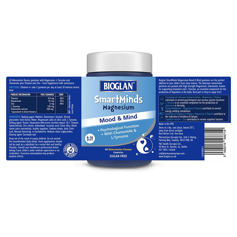 Bioglan SmartMinds Magnesium Mood & Mind Gummies for Kids, Sugar Free Watermelon, Magnesium, Chamomile, L-Tyrosine, Thiamin & Zinc, Children Age 6-16, 60 Gummies