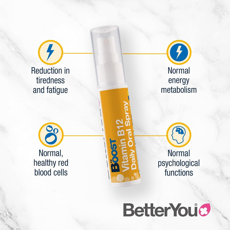BetterYou Boost Vitamin B12 Daily Oral Spray Vitamin Spray Supplement for Energy Boost 1,200 IU Vitamin B12, Natural Apricot Flavour, Pack of 4, 25ml (192 Sprays)