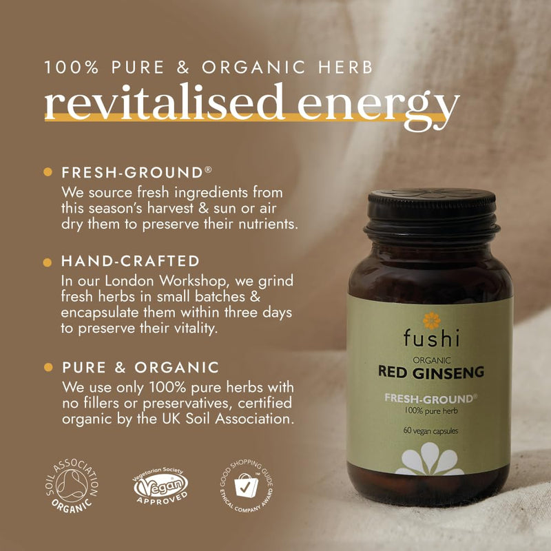 Fushi Organic Red Ginseng Capsules, 60 Caps | Fresh-Ground Whole Food | Boosting Herb for Cholesterol & Immune System | For Vegetarians & Vegans | Bio-dynamically Grown | Made in the UK