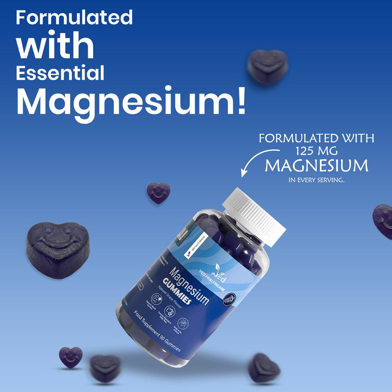 Magnesium Gummies, (90 Gummy), Magnesium Citrate, Natural Grape Flavour, Vegan, 2 per Day, 45 Days Supply, Muscle & Energy, for Adults – by Ved
