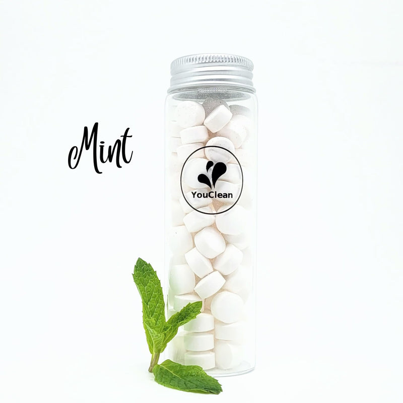 90 toothpaste tablets in Refill/Recycle Glass Tube - For Travel and Daily Home Office Use - Nano Hydroxyapatite, Fluoride-Free, Vegan (Mint) Mint