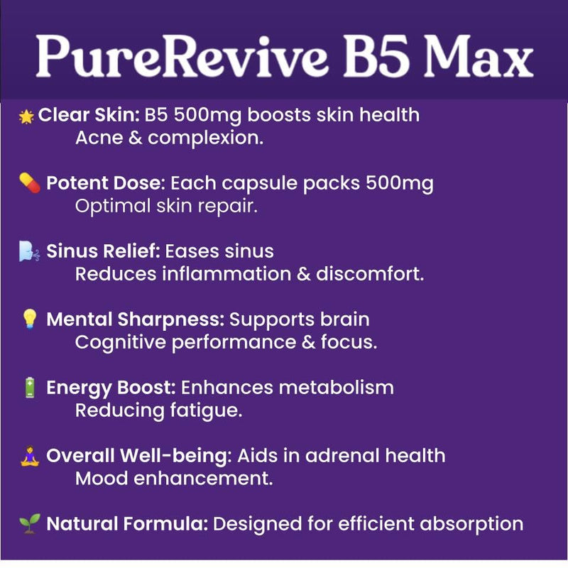 PureRevive High-Potency Vitamin B5 500mg - Advanced Pantothenic Acid Formula for Enhanced Metabolism, Skin & Joint Support | Non-GMO, Gluten-Free | Made in UK (60) 60