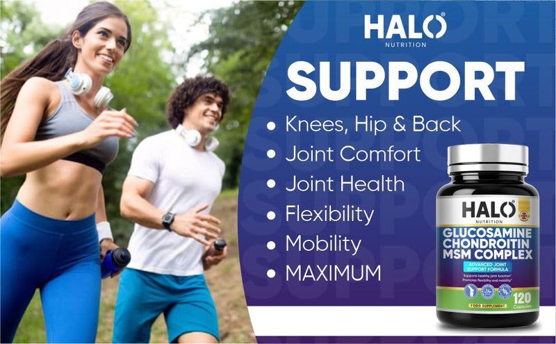 Glucosamine and Chondroitin MSM High Strength with Vitamin C Turmeric Ginger and Rosehip, 120 Capsules Made in The UK Food Supplements by HALO Nutrition