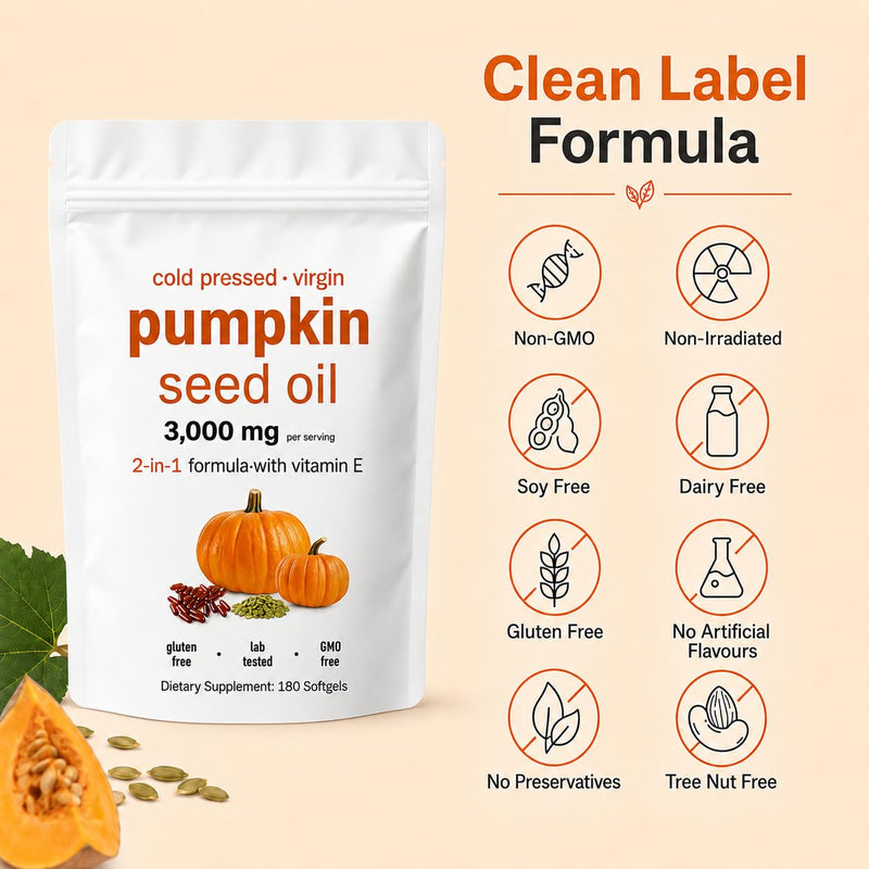 Pumpkin Seed Oil Capsules 3000mg per Serving | Cold Pressed Pumpkin Seed Oil with Linoleic & Oleic Acid, 180 Softgels | Non-GMO | Resealable Pouch