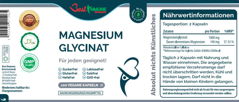 [Australia] - Natural Magnesium Glycinate 500mg Premium Quality 100 Vegan Capsules Perfect Proportions Highest Bioavailability 