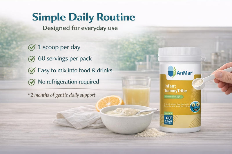 AnMar® Infant TummyTribe Probiotic Powder – Multi-Strain Live Bacteria with FOS – 1 Billion Organisms per Serving – Vegan Children's Probiotic – 60g Powder